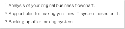 1.Analysis of your original business flowchart.2.Support plan for making your new IT system based on 1.3.Backing up after making system.