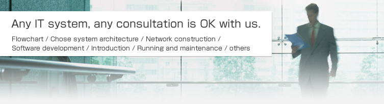 Any IT system, any consultation is OK with us.Flowchart / Chose system architecture / Network construction / Software development / Introduction / Running and maintenance / others